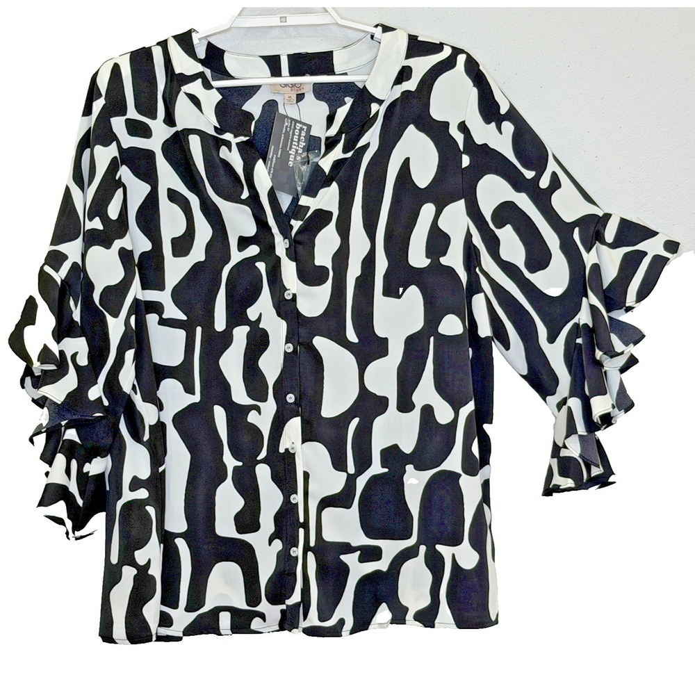 GiGio plus+ Top Womens XL Black Ivory Print 3/4‎ Ruffle Bell Sleeve Button Front